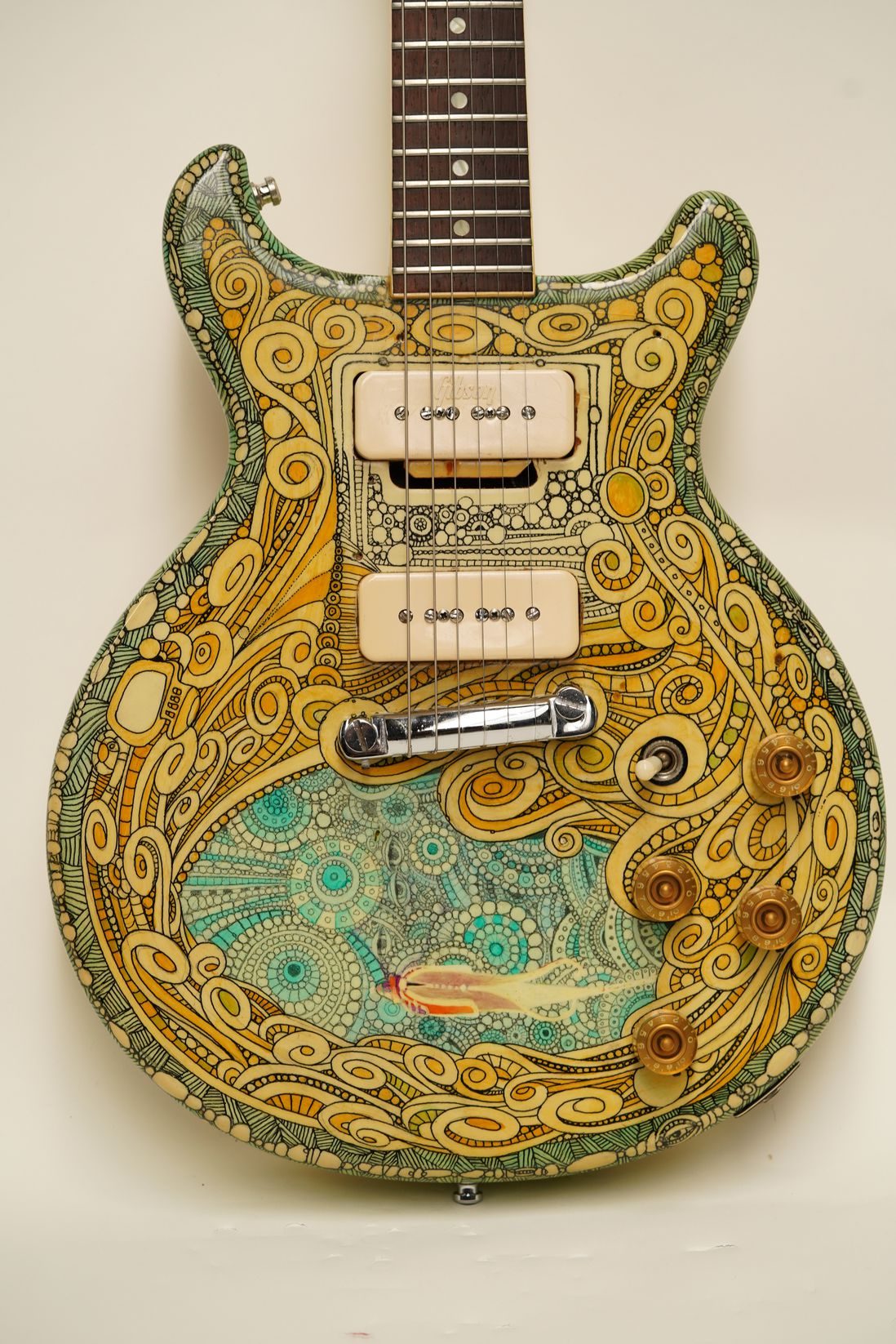 Steve Miller's Les Paul Special electric guitar; painted by surfboard artist Bob Cantrell and used by Miller in live performances throughout the 1970s